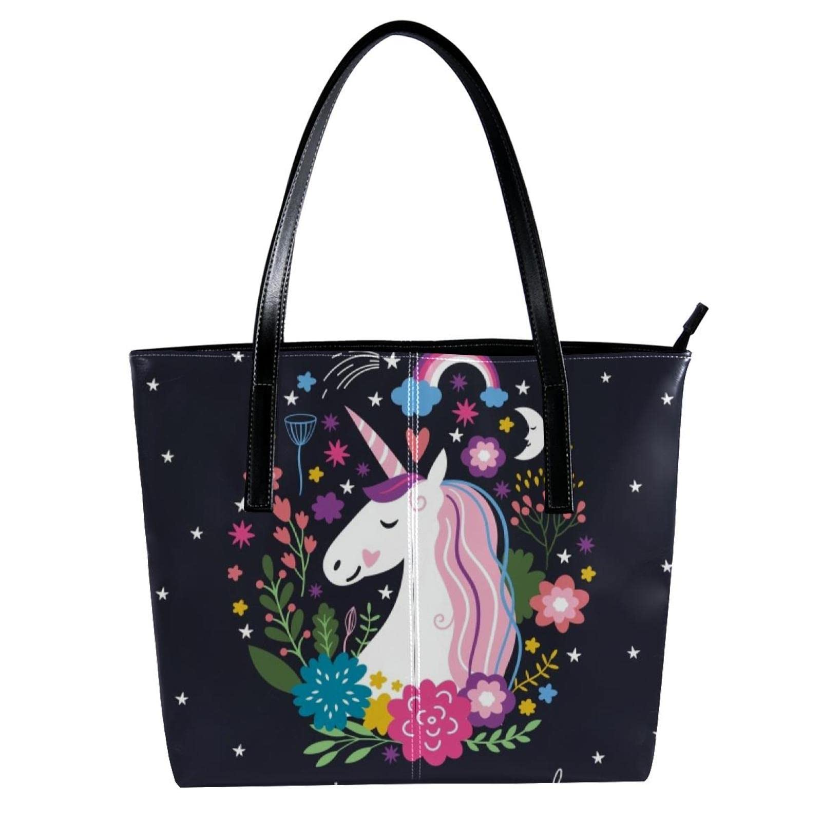 Bolsa de mano personalizada con cremallera, bolsas de hombro casuales para uso diario, trabajo, escuela, patrón de unicornio, multicolor, 40 x 29 x 9 cm, Multicolor
