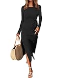 Womens 2025 Fall Long Sleeve Maxi Dress Crewneck Tie Waist Slit Casual Work Long T Shirt Dresses Trendy Outfits