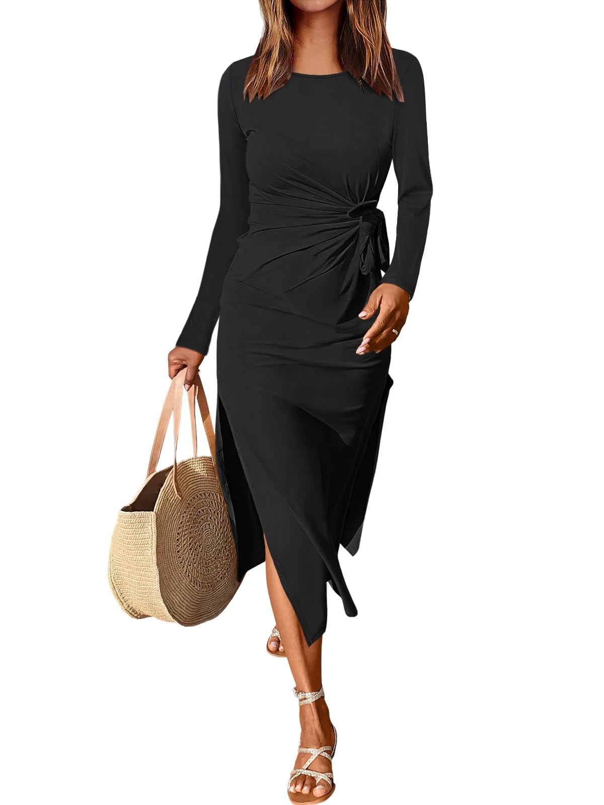 ANRABESS Womens 2026 Spring Long Sleeve Maxi Dress Crewneck Tie Waist Slit Casual Long T Shirt Dresses Winter