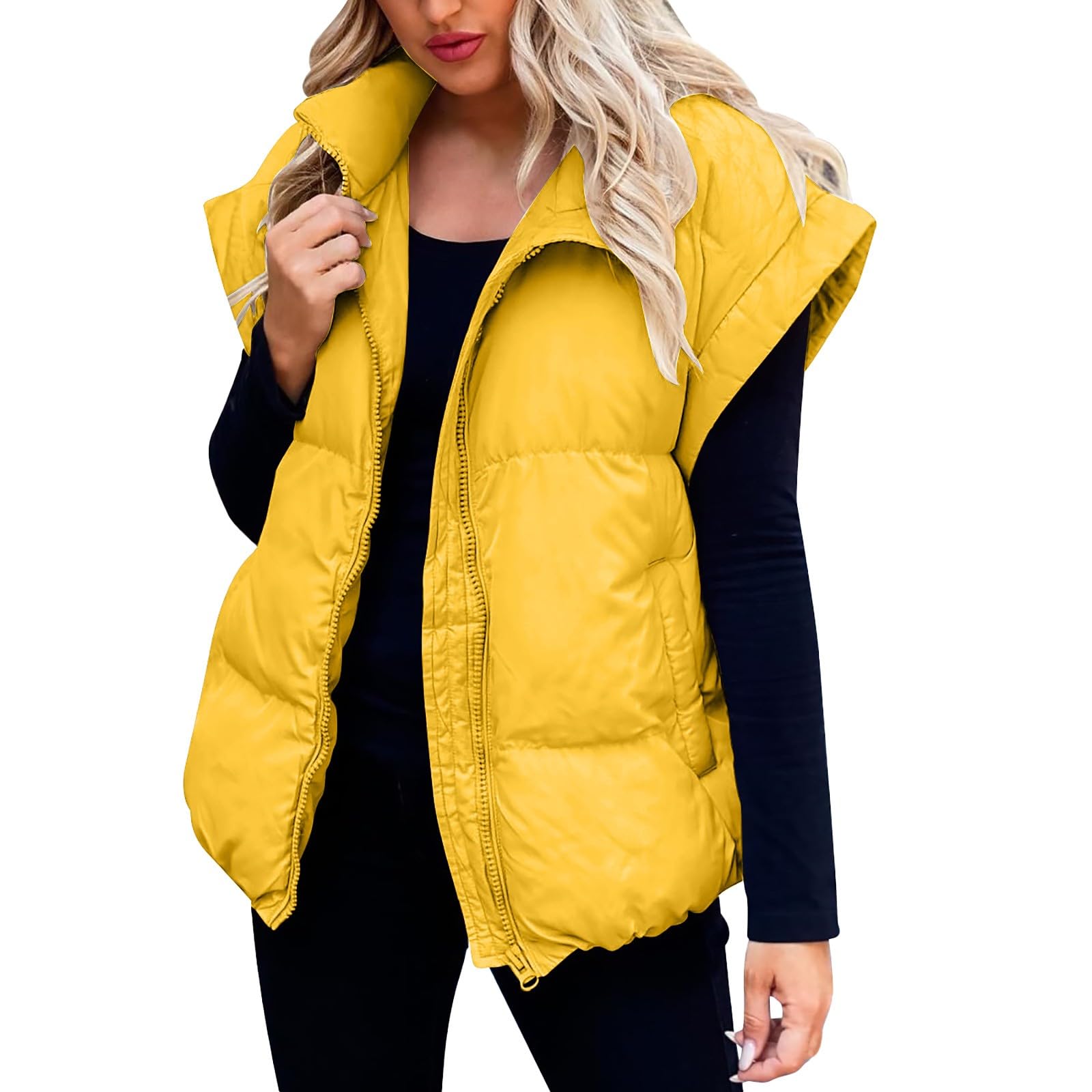 Generisch Chaleco acolchado de cuello alto para mujer, sin mangas, chaqueta con cremallera para invierno, chaleco acolchado cálido para mujer, chaqueta de punto con cremallera