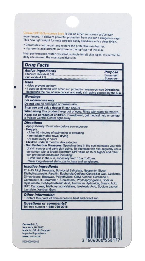Cerave Sunscreen Invisible Zinc Spf#50 Stick 0.47 Ounce (Pack of 6)
