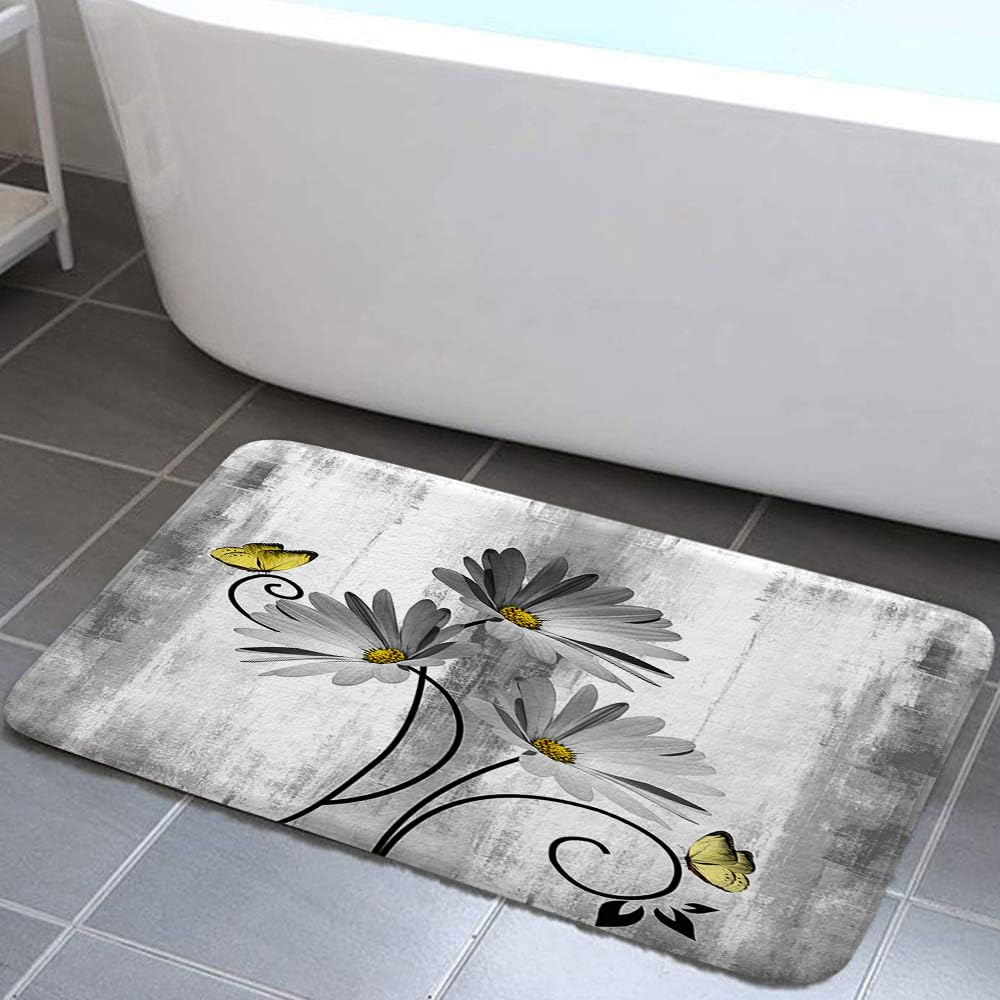 VeiVian Rustic Farmhouse Bath Mat, Farm Gray Daisy Floral Flowers Butterfly Country Wooden Bath Rug for Bathroom, Grey White Bath Mat Soft Non Slip Bath Rugs, 19X31IN