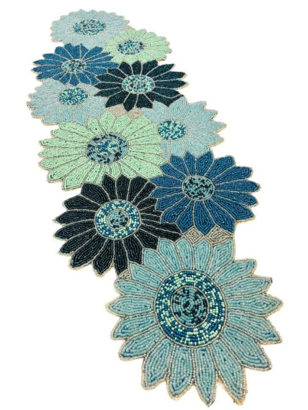 Image of Beautiful Silver Beaded Table Runner Craftsmanship |Pack of 1 Measure 13 * 36 Inches| Thanksgiving - Occasional Decoration Blue Sunflower Multi Flowers
