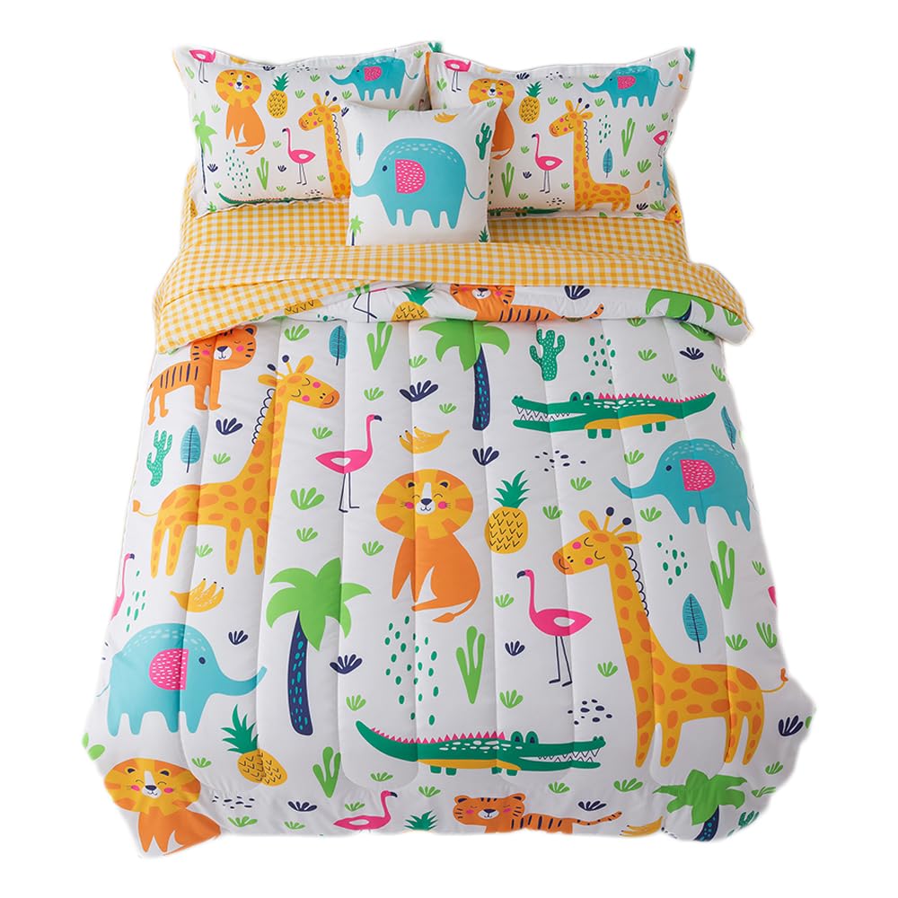 qjmiaofang 6Pieces Animals Comforter Set Twin Forest Bedding for Kids Boys Girls Zoo Animal Bed in A Bag with Sheets All Season Jungle Wild Print Bed Set Teens Home Decor