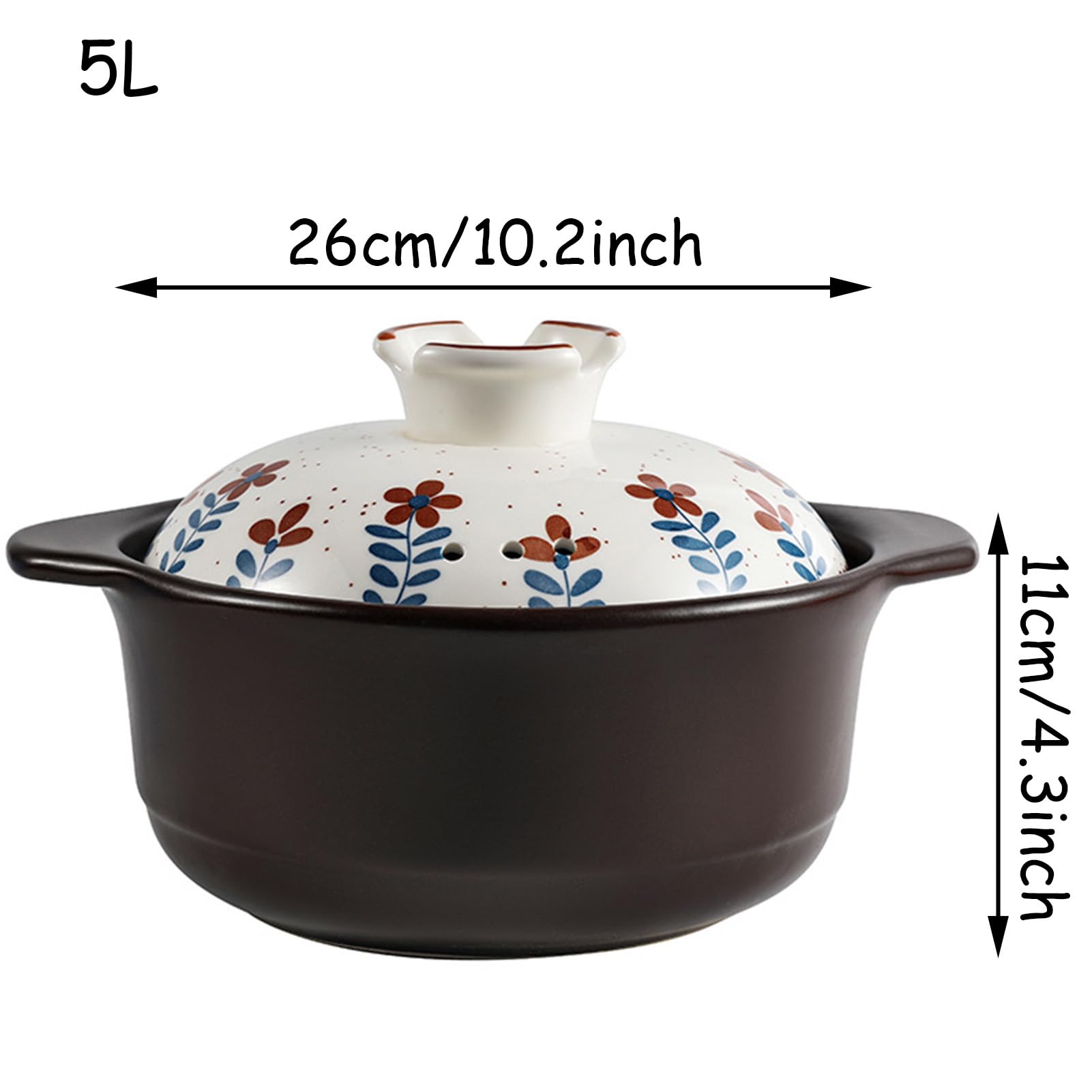Pentole Casseruola con coperchio Grande Argilla for stufato rotondo resistente al calore manico Terracotta(5L/4.6Quarts)