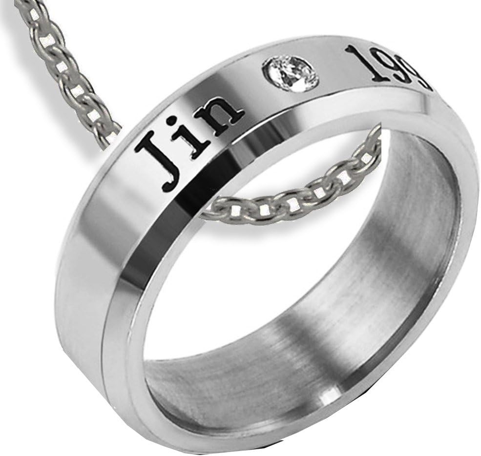 NationinFashions BTS Jin Titanium Steel Ring Crystal with a Chain Kpop