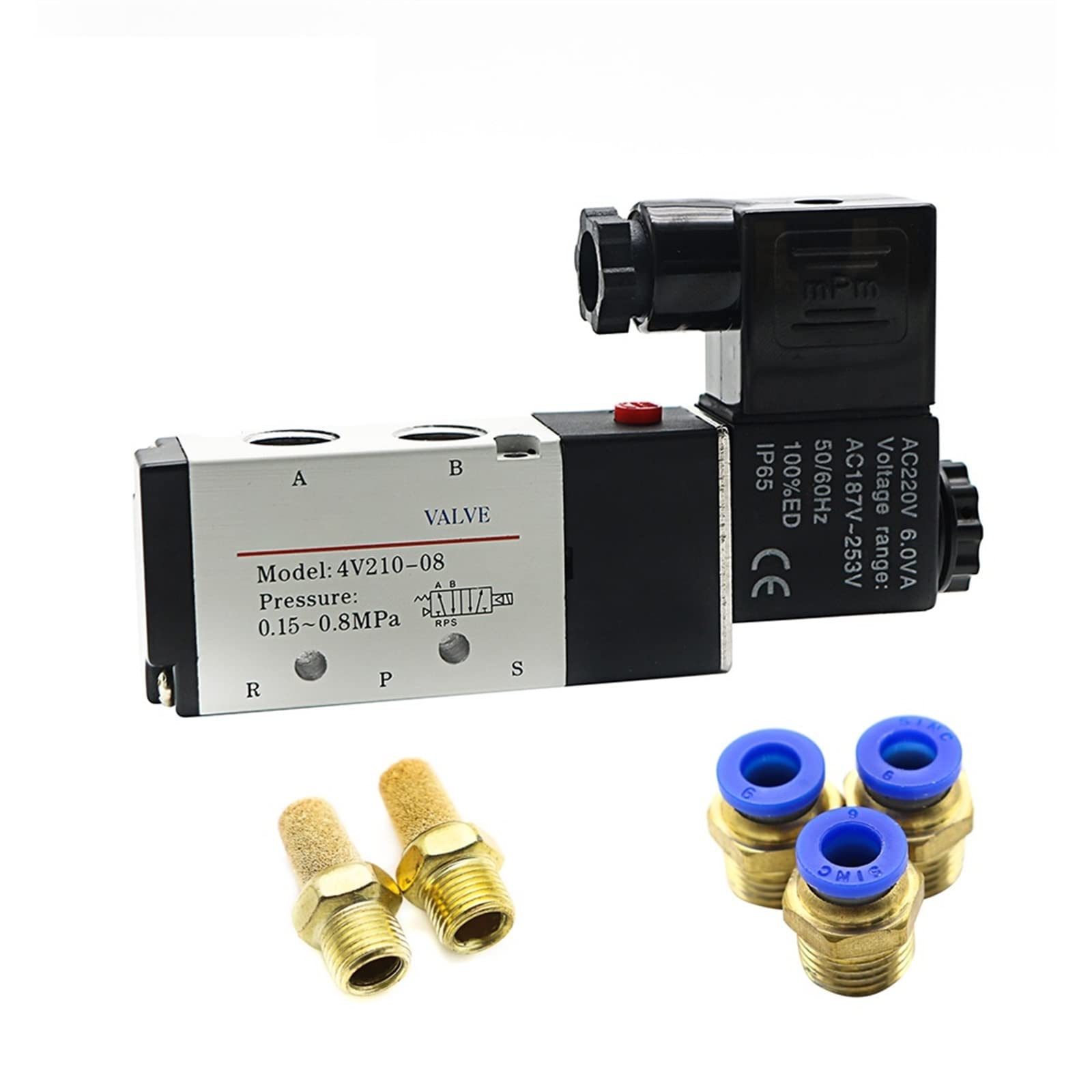 Electroválvula neumática eléctrica 4V210-08 Válvula magnética aire gas de 5 vías y 2 posiciones 12 V 24 V 220 V accesorios para mangueras de 4 mm a 12 mm 1 unidad (Pc 8 mm Fittings,AC110)