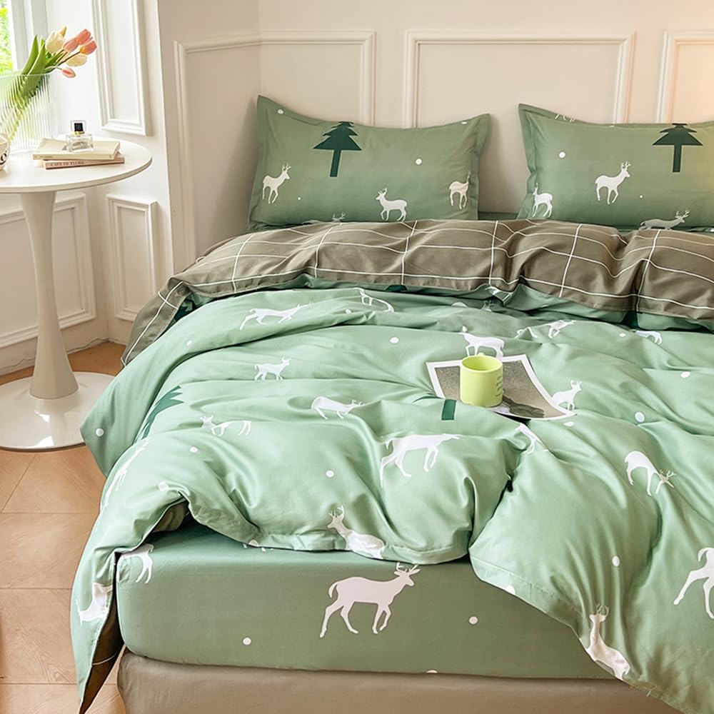 Mengersi Christmas Deer Duvet Cover Set Full Size,Deer Tree Printed Bedding Sets,Plaid Comforter Cover Set with Zipper Closure for New Year Holidy Xmas Gifts