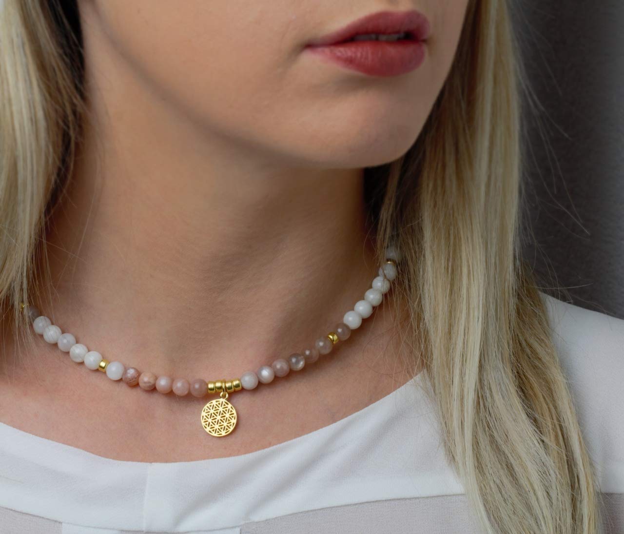 KARYSMA Echte Edelstein-Kette mit Anhänger Lebensblume, 925er Silber, Gold oder Roségold plattiert