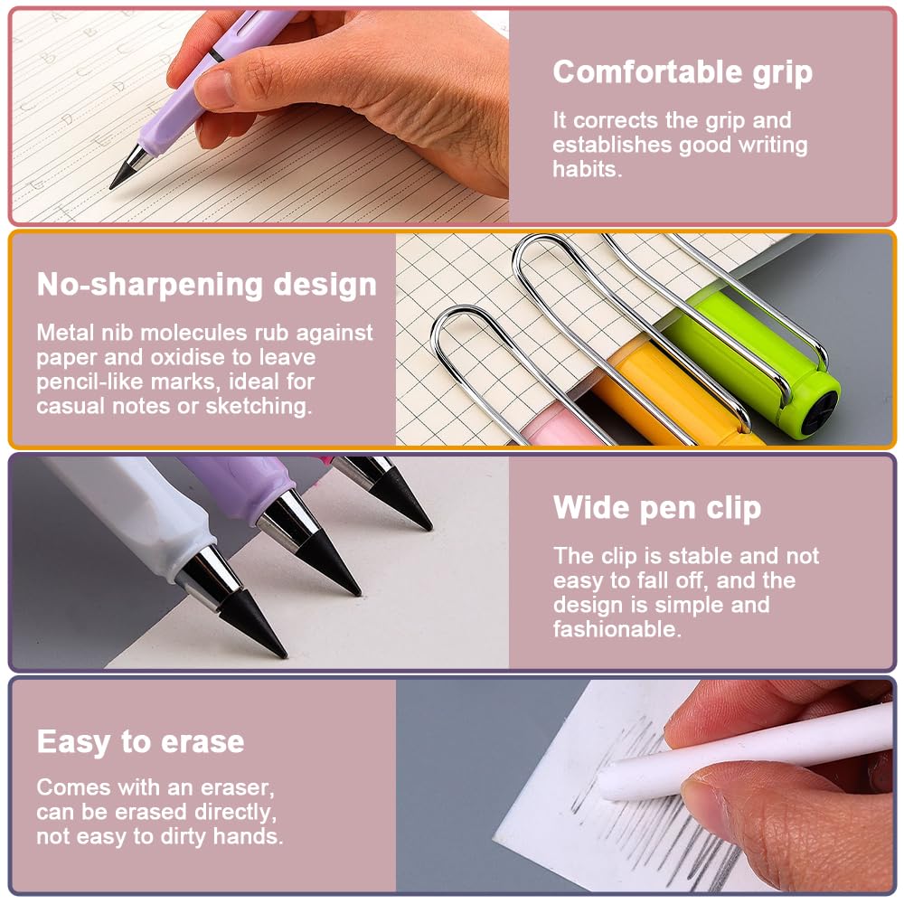 Infinity Magic Pencil – Tintenloser Bleistift Mit Radiergummi, Wiederverwendbar, Ergonomischer Griff, Inklusive Austauschbarer Minen (verschiedene Farben)