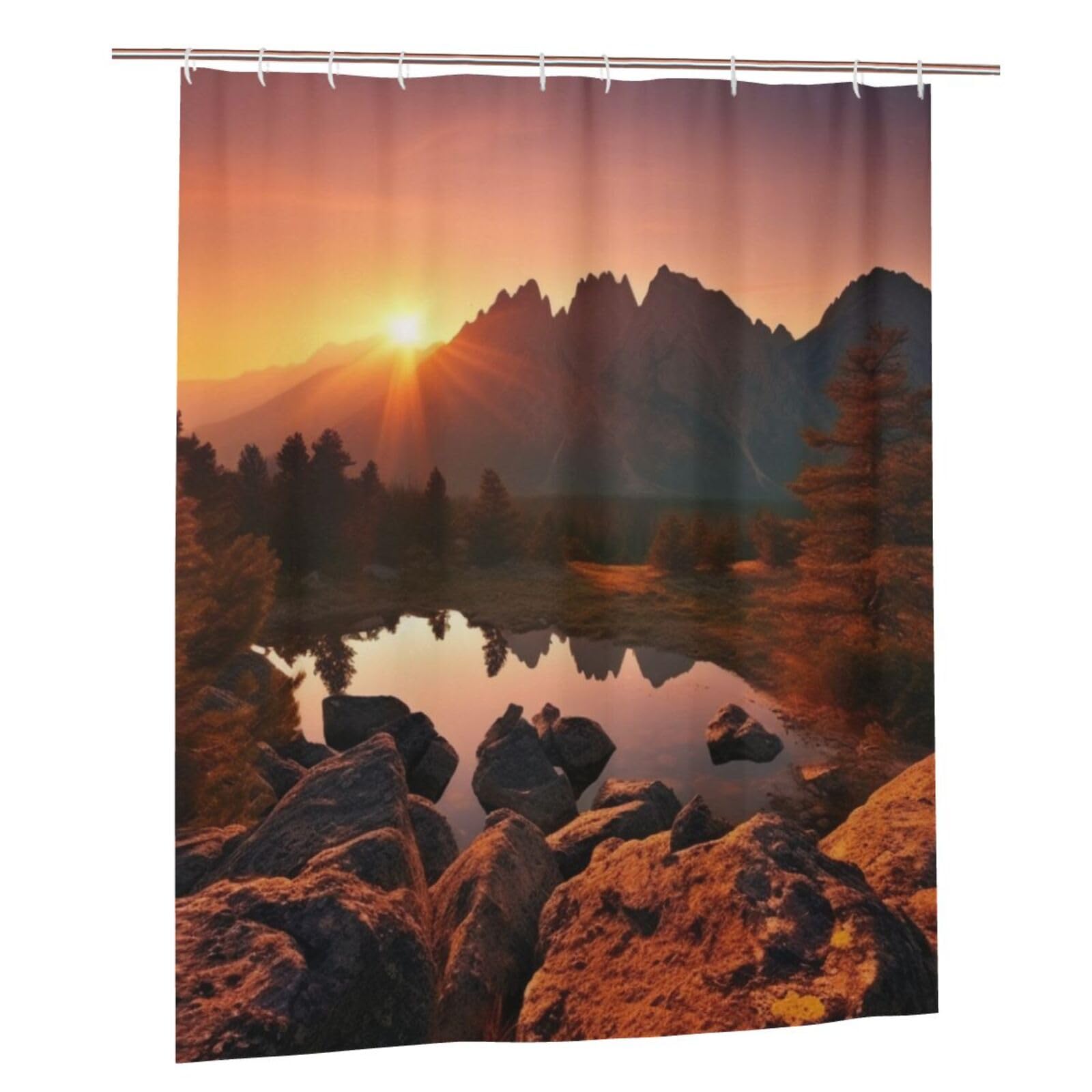 BWWHCCTI Mountain view at sunrise Printed Shower Curtain With 12 Plastic Hooks Opaque Quick Drying Waterproof Shower Curtains Sets For Bathroom 152x183 Cm