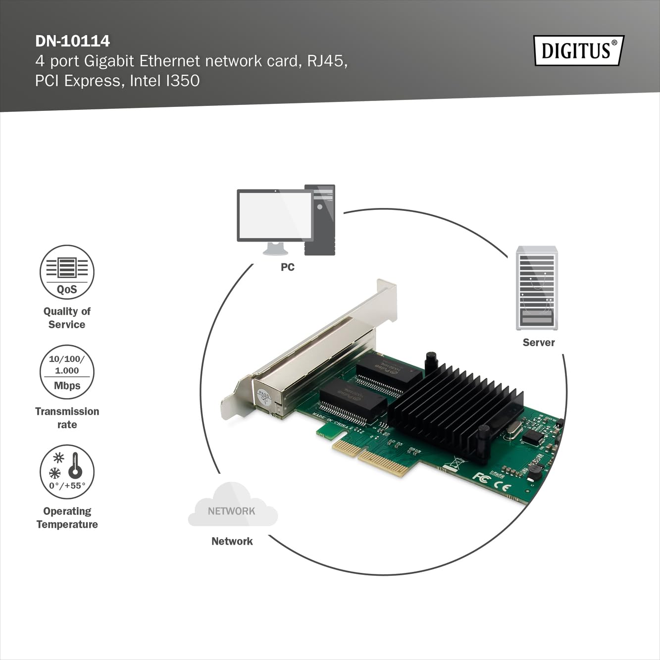 DIGITUS Karta sieciowa Gigabit Ethernet Server - 4 porty RJ45 - NIC - Intel I350 - bezhalogenowa - 10/100/1000 Mbps