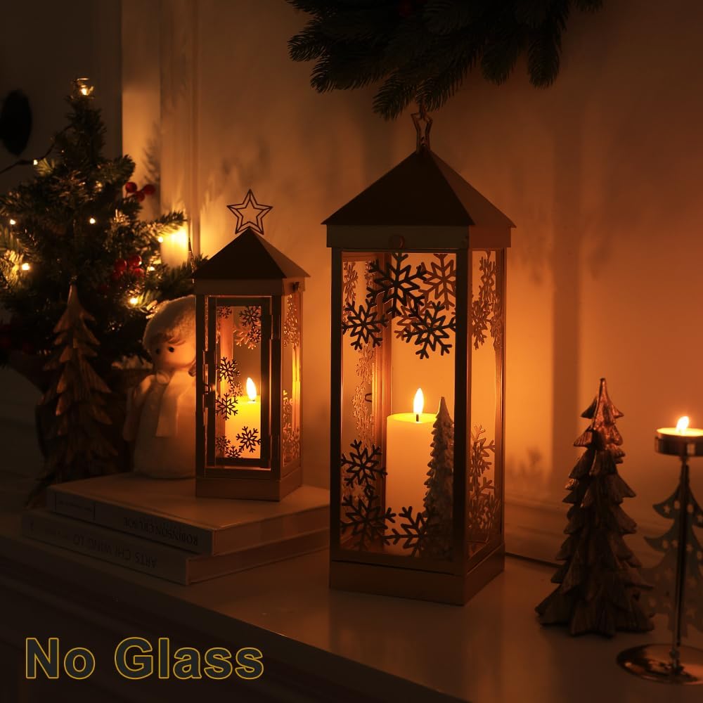 NEEDOMO Weihnachtsdekoration für Zuhause, dekorative Weihnachtslaterne, Innen- und Außenbereich, Metall-Kerzenhalter zum Aufhängen, mit Weihnachts-Schneeflocken, Sternen und LED-Kerze für