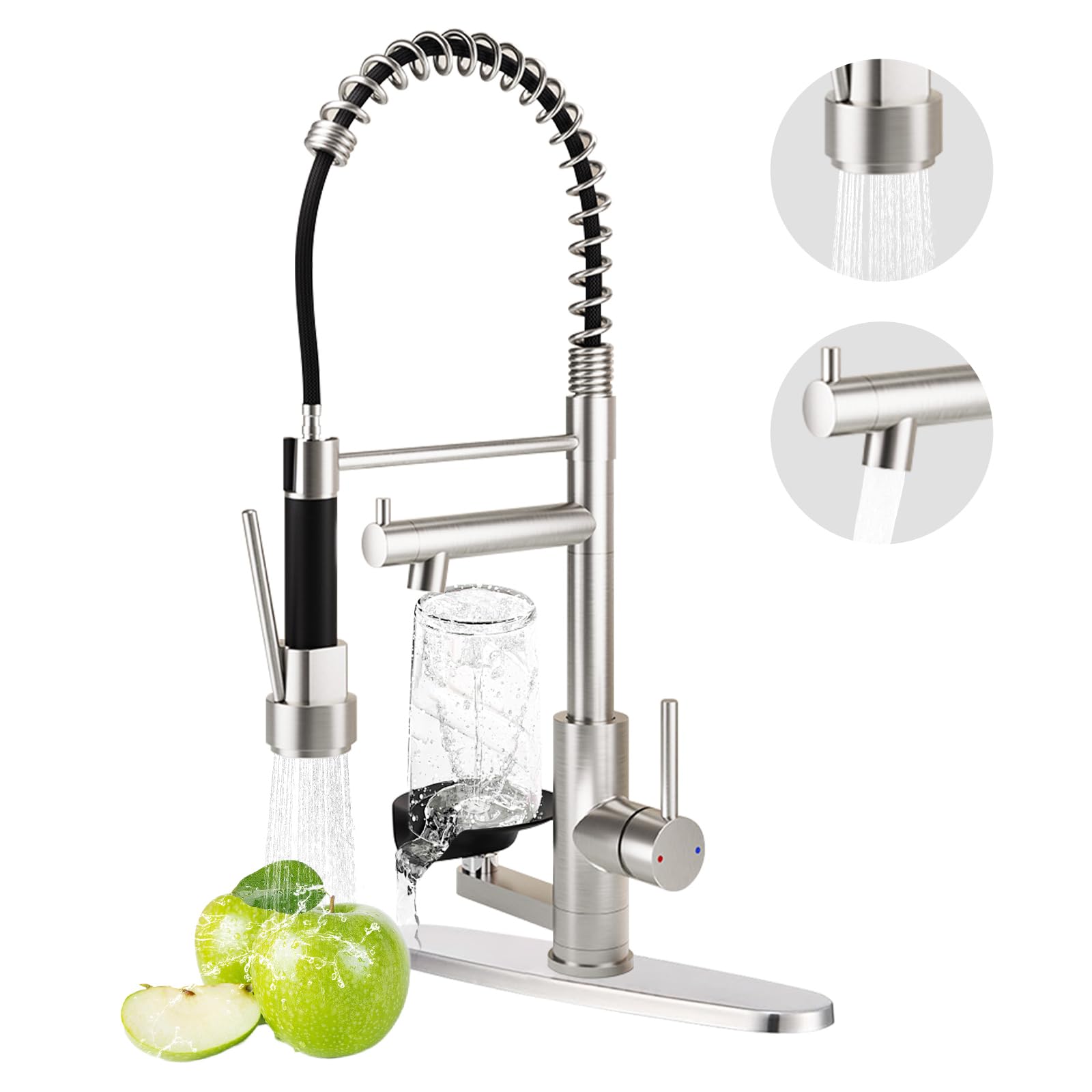 Wasserhahn Küche Hochdruck, Edelstahl 304 Gewerbefederarmatur mit Spülbecherhalter, 2 Wasserstrahlarten, 360° Schwenkbar, Einhandmischer