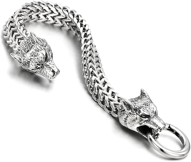 COOLSTEELANDBEYOND Biker Mens Stainless Steel Wolf Head Franco Link Curb Chain Bracelet with Spring Ring Clasp, 8 inch, Stainless Steel, not-applicable: Buy Online at Best Price in UAE