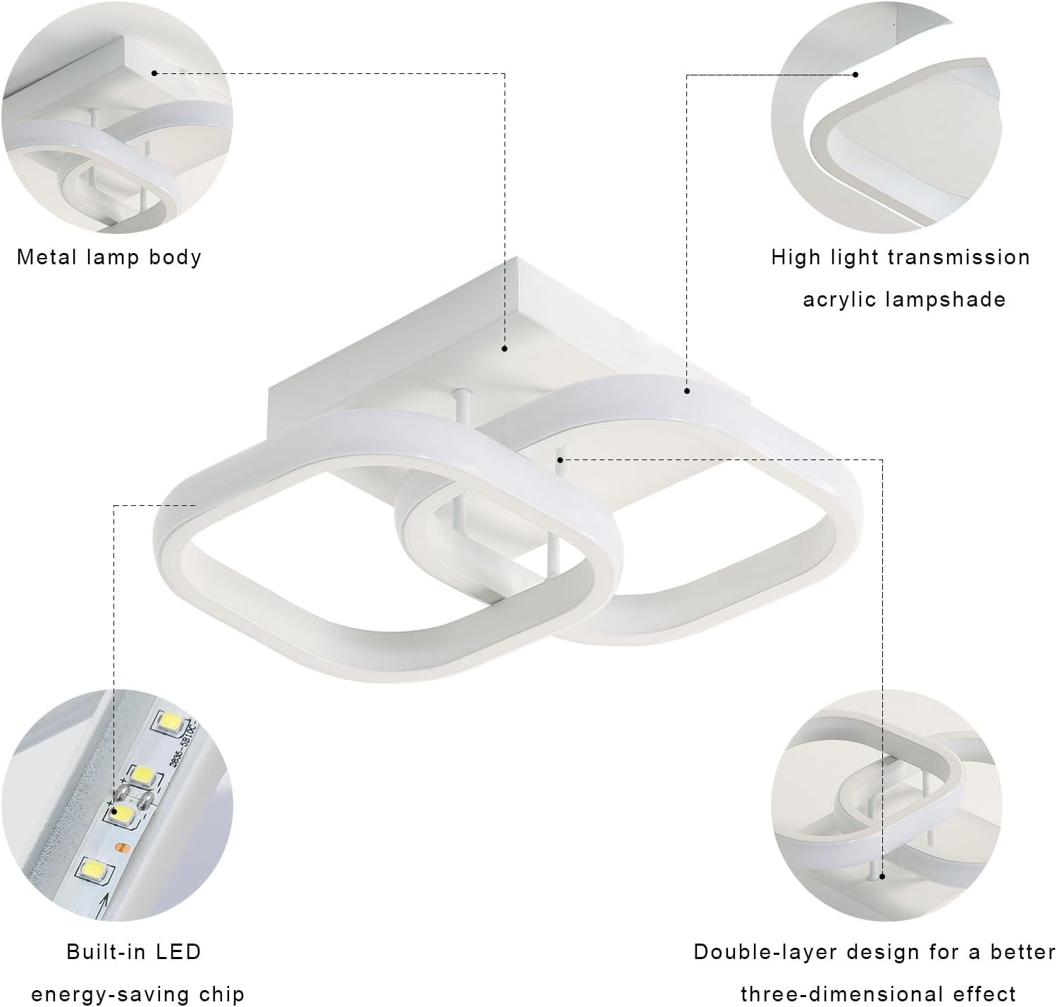 Small LED Hallway Ceiling Light, 2 Square Frames Modern Ceiling Light, 6500K Flush Mount Ceiling Light Fixtures for Hallway Living Room Bedroom Kitchen Closet, White