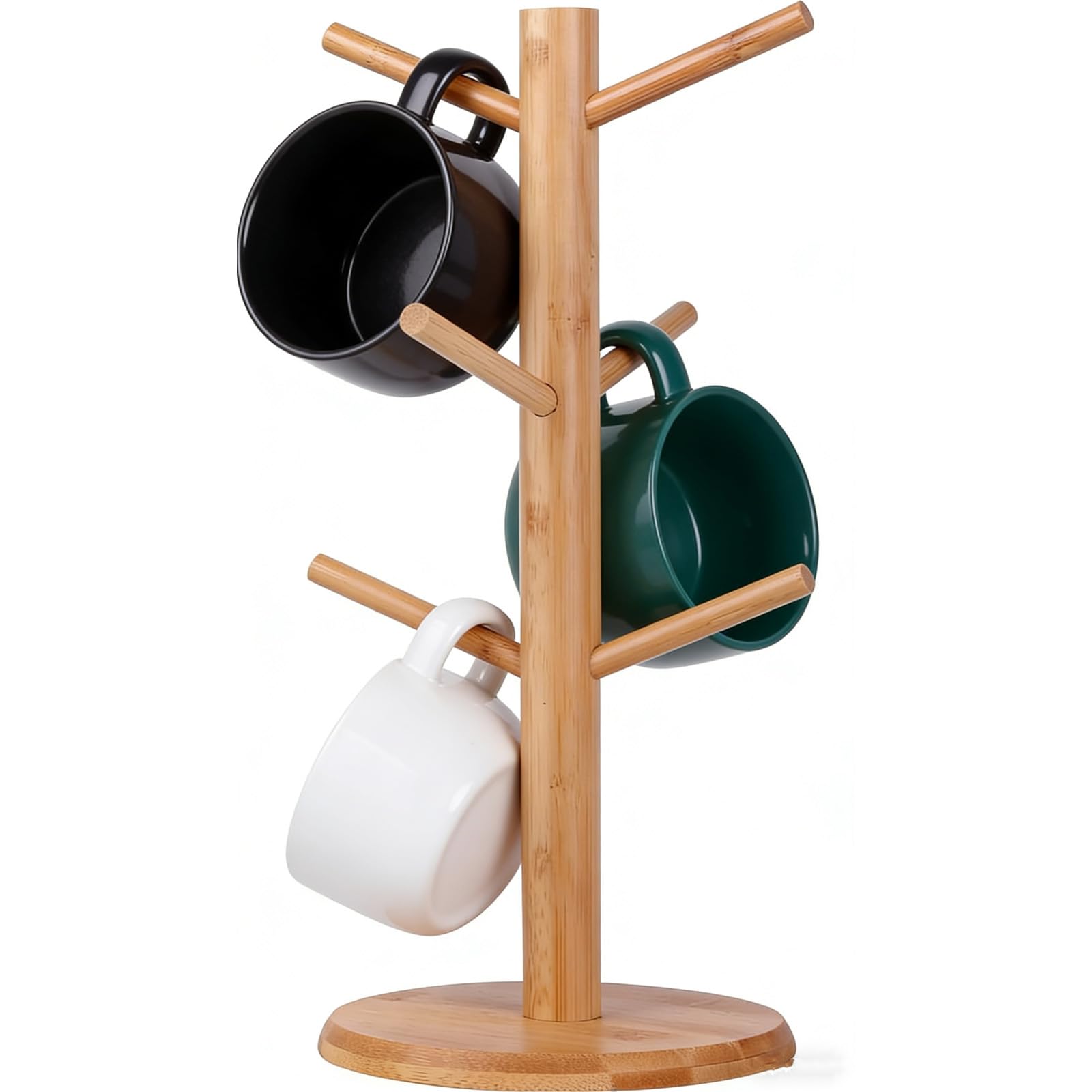 Novastream Mug Tree 6 Mugs, Wooden Mug Stand with 3 Non-Slip Pads, Space Saving Cup Holder for Kitchen and Office, Bamboo Cup Tree for Coffee Tea Mugs (14x34cm)