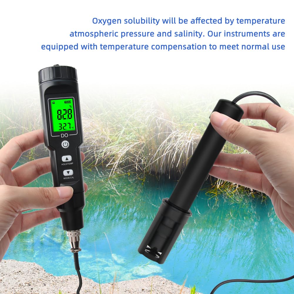 Medidor de oxígeno disuelto con ATC, rango de medición de 0 a 40,00 mg/L, kit de prueba de oxígeno disuelto para estanque, acuario, acuicultura y acuario, dometrio con fluido de llenado de electrodos.
