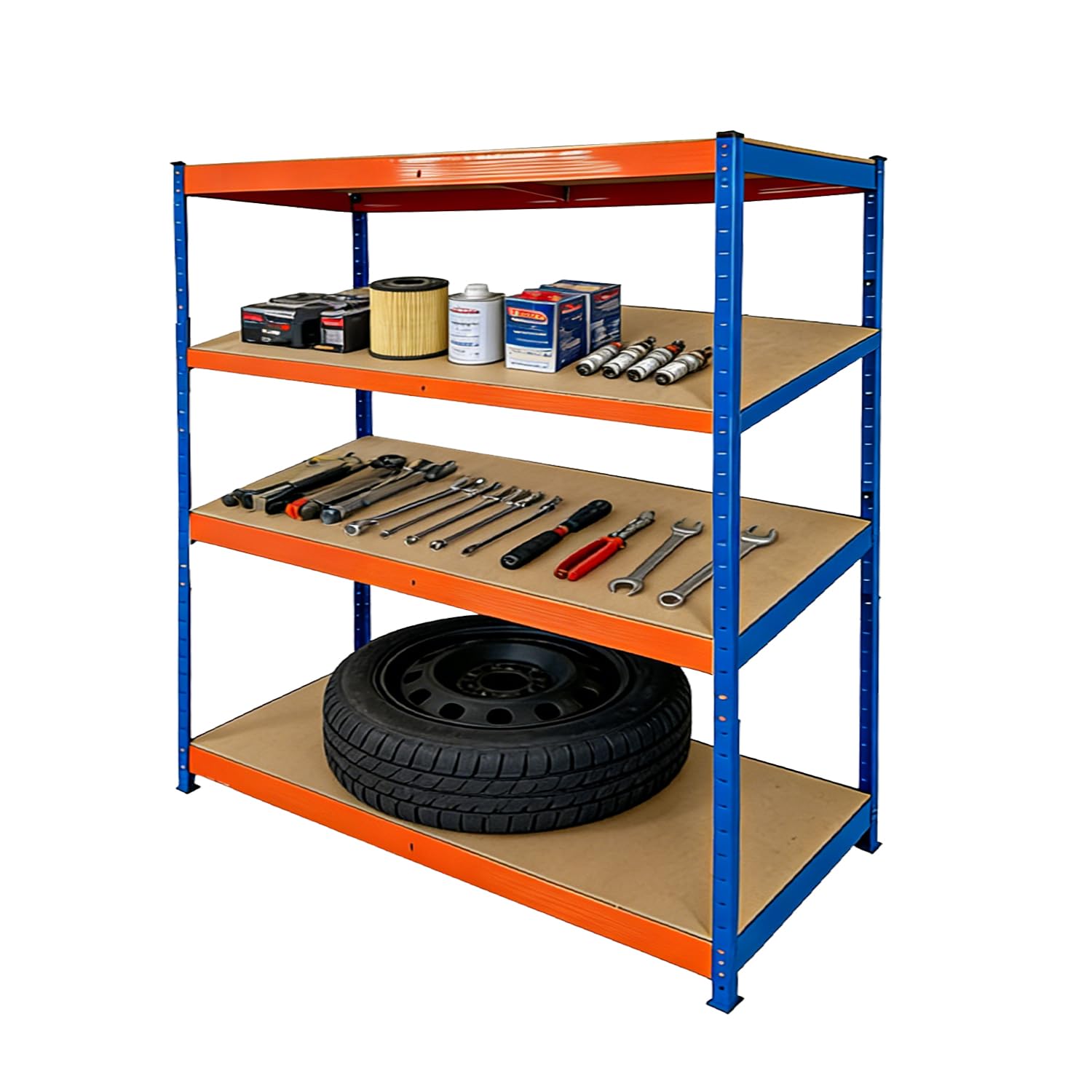4-Tier Industrial Shelving Unit for Garage & Warehouse – Boltless Heavy-Duty Steel Storage Rack with Adjustable MDF Shelves, Tool-Free Assembly, 400kg/Shelf Load Capacity (Blue+Orange, 180X60X180)