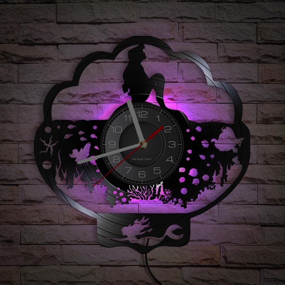 Smotly Black Vinyl Wall Clock, Mermaid Pattern Simulation With Led Night Light, Is A Gift For Cartoon Lovers.