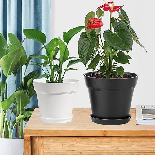 Miniatura 7 de Macetas grandes de plástico con bandeja y agujeros de drenaje, decoración moderna del hogar para plantas de interior y exterior, suculentas y