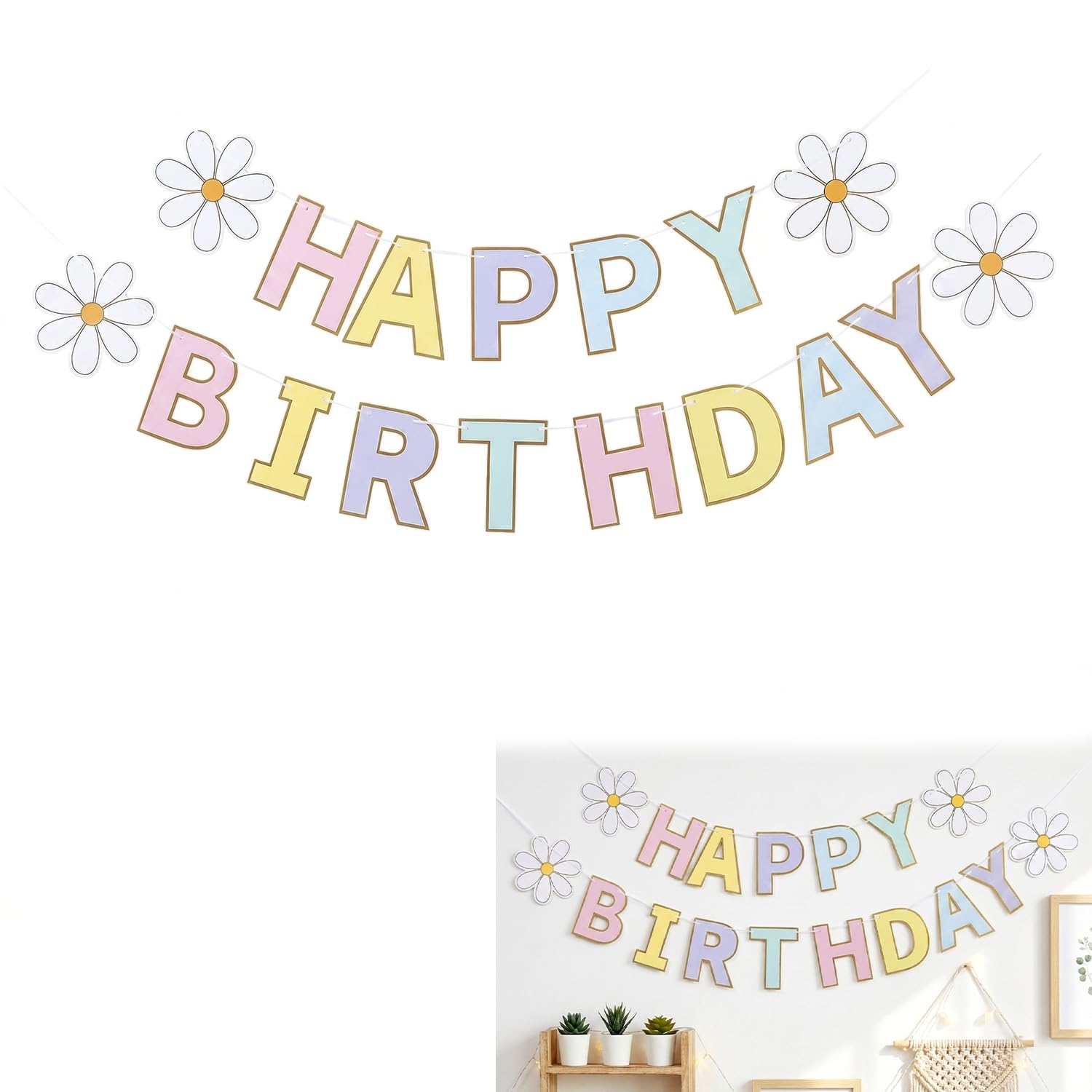 Pastel Daisy Birthday Banner, Flower Happy Birthday Banner Colorful Birthday Garland for Kids and Adults Party Decoration (Boho Daisy) — image 1