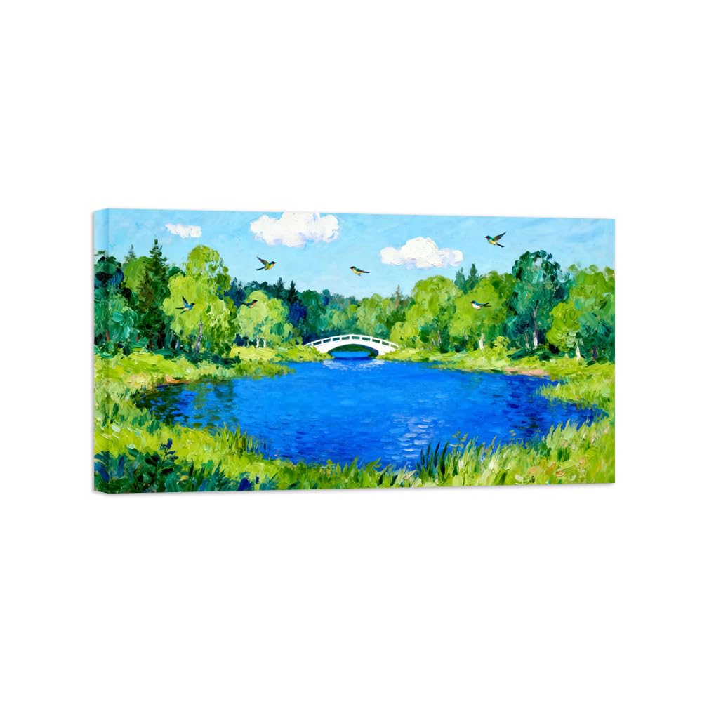 Ozpwbvy Wrapped Canvas Lake Green Forest Landscape Canvas Wall Art Picture 20X35cm Framed