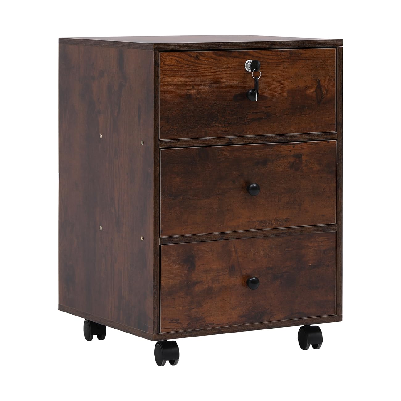 NICEME Mobile File Cabinet with 3 Drawers Under Desk Storage Unit with Lock (Only Top Drawer),Office Drawer Pedestal, Assembly Required (3 Drawers, Rustic Brown)
