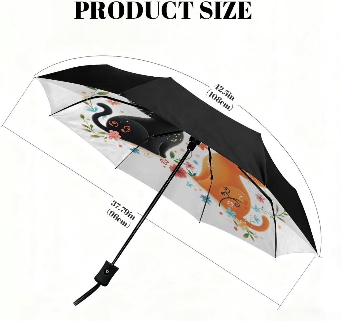 Vintage Music Note Cute Cat Folding Umbrella Windproof Compact Lightweight Travel Umbrella with 8 Reinforced Ribs, Portable UV Sun & Rain Protection for Men & Women