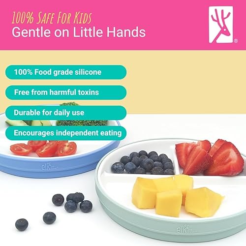 Miniatura 2 de Elk and Friends Platos blancos de porcelana para niños de 7.8 pulgadas con fundas de silicona  Platos divididos  Apto para niños pequeños  Apto para