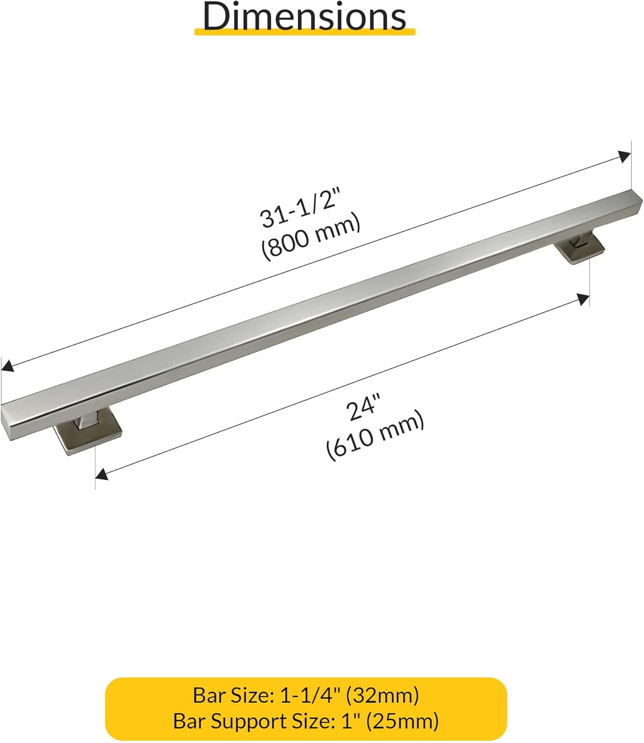Brixwell Straight Square Grab Bar Stainless Steel Material, Brushed Stainless Steel Finish, 31-1/2" Length, 24" Hole Spacing, Tubular 1-1/4" Diameter, Included Cover Flanges and Mounting Hardware