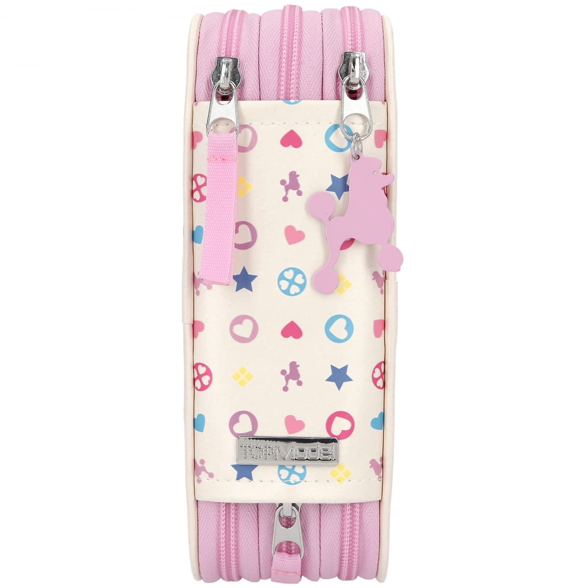 Depesche 10806 TOPModel-Gefüllte 3-Fach Federtasche Bling mit Pudel-Aufdruck, Glitzerhintergrund und Icon-Muster auf der Rückseite, Schüler-Etui in Rosa mit Buntstiften, Lineal, Schere UVM, Mehrfarbig