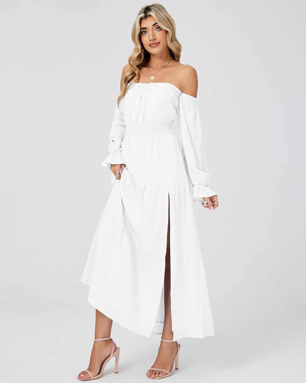 Women Boho Maxi Dress Sexy Off Shoulder Long Sleeve Smocked Flowy Dresses A Line Tiered Sundress Slit Wedding Dress - Image 3