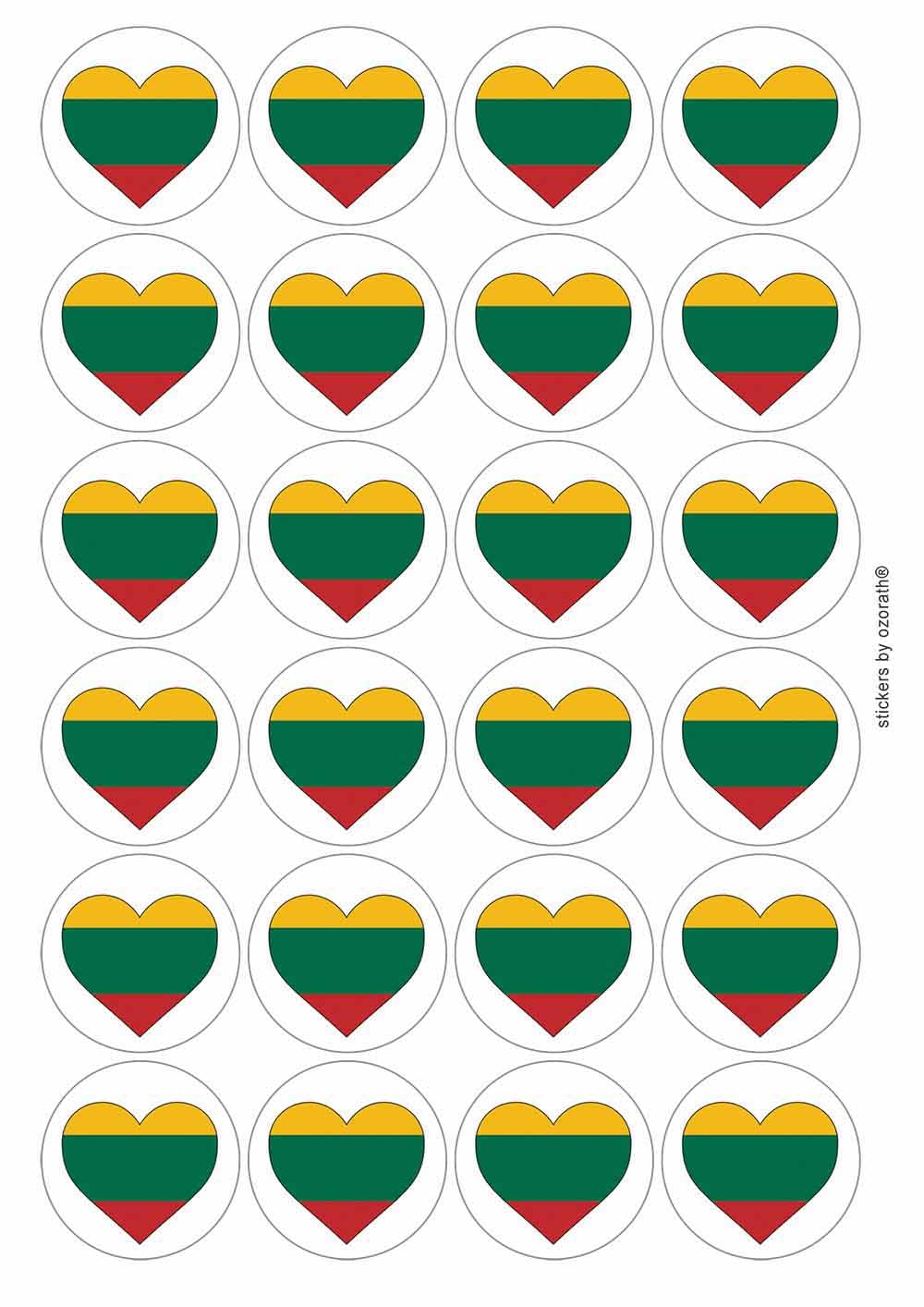 Lithuania Lithuanian Flag Heart Circular Matt Paper Stickers A4 Sheet of 24 (Each Sticker is 45mm Diameter)