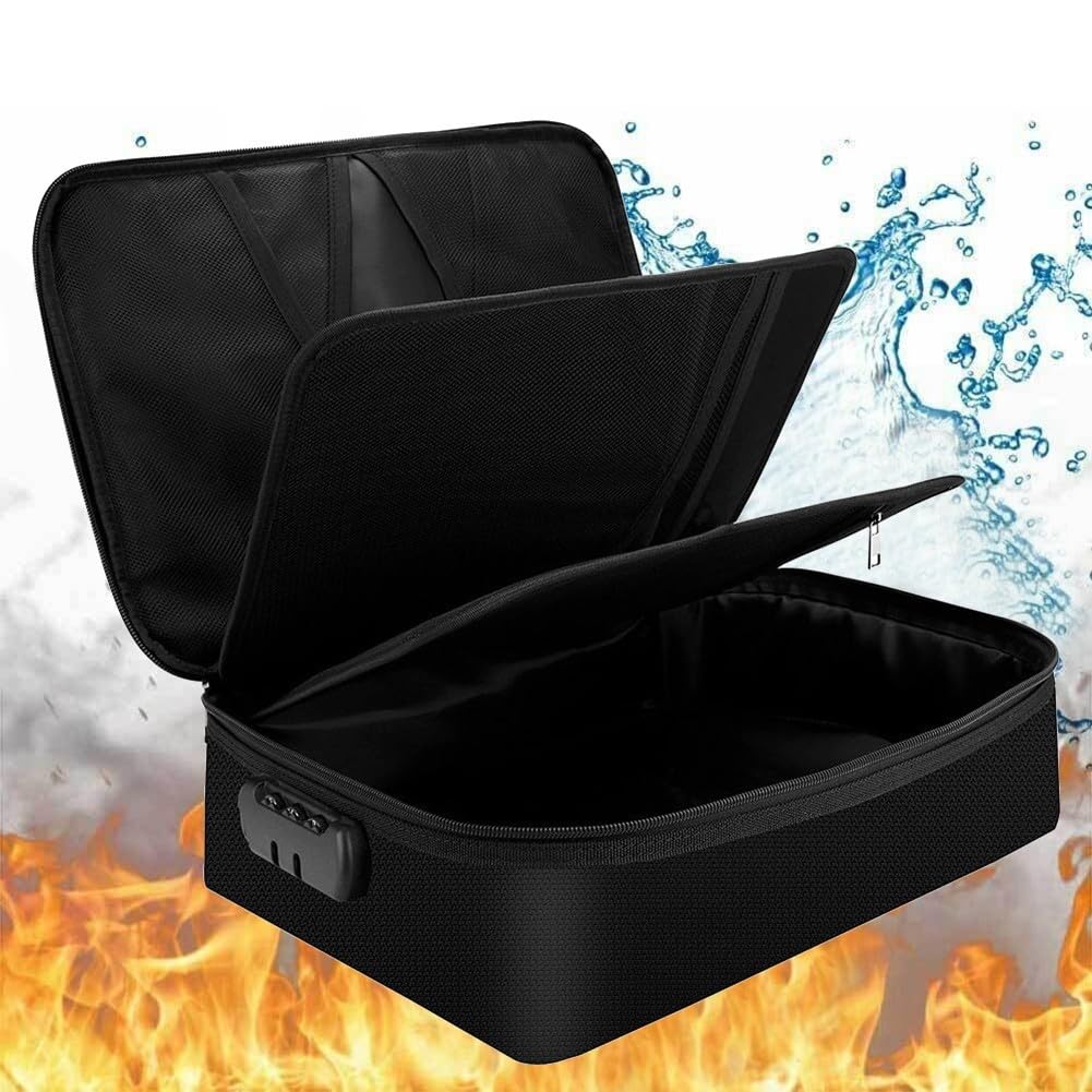 Borsa portadocumenti ignifuga, resistente al fuoco, sicura per oggetti di valore, organizer impermeabile in fibra di vetro con strato di blocco del segnale, grande capacità, nero, 30,5 x 21 cm