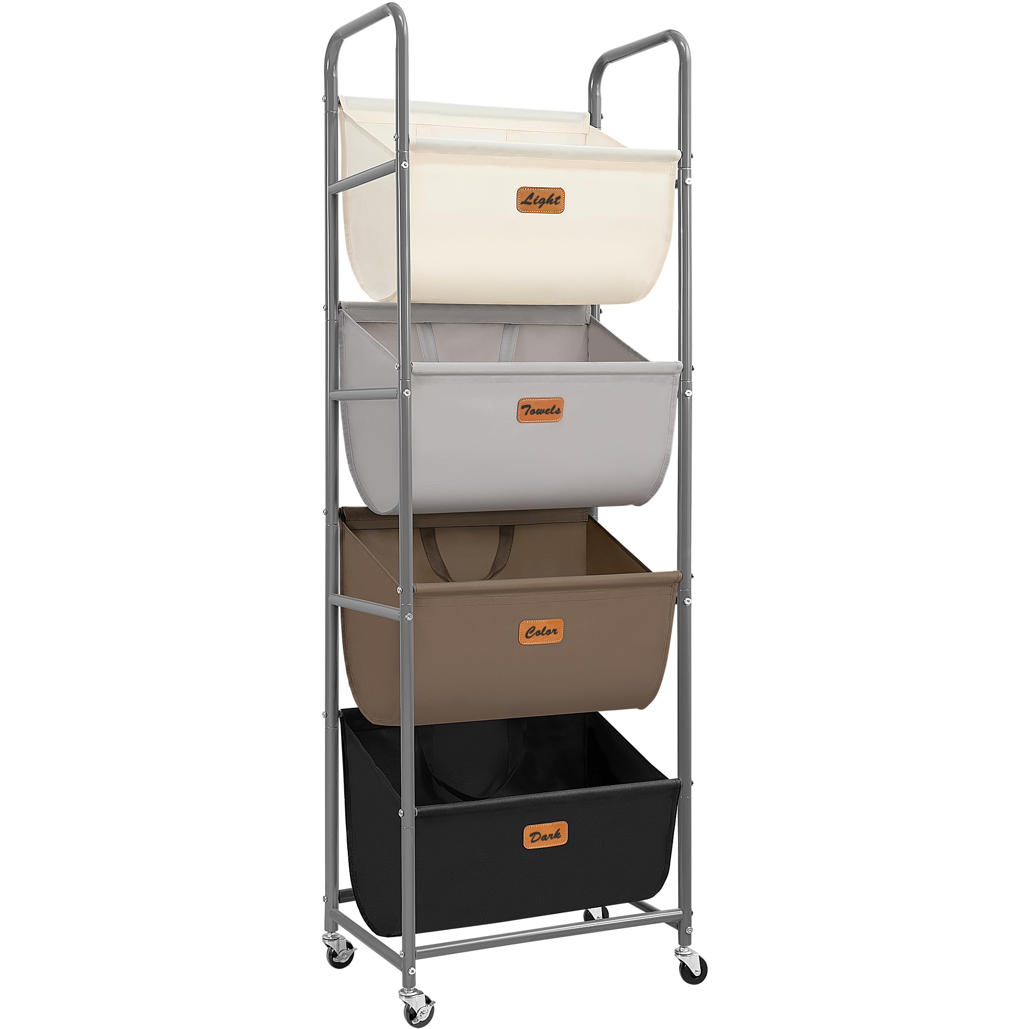 STORAGE MANIAC Vertikaler rollender Wäschekorb, 4 Abschnitte, Wäschesortierer mit Rollen und 2 Pausen, 4-stöckige Wäschekörbe für kleine Räume, Schlafsaal, Waschküche, Schrank, mehrfarbig, 4 Etagen