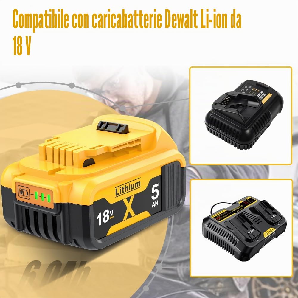 2 pezzi 5000mAh DCB182 batteria di ricambio per Dewalt 18V, 5 Ah di ricambio per batterie Dewalt DCB200 DCB184 DCB101 DCB107 DCB112 DCB105 DCB115 DCB203 con LED per utensili