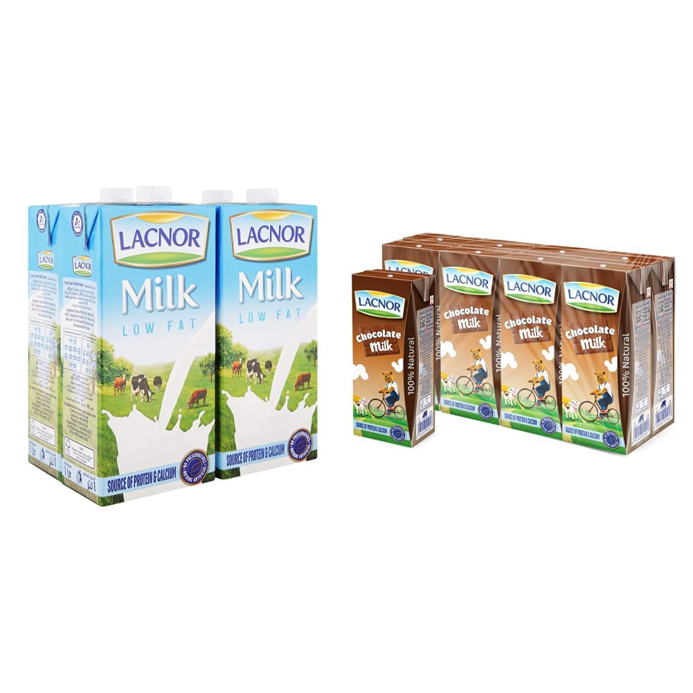 LacnorMilk Low Fat - 1 Litre (Pack Of 4) & Essentials Chocolate Milk, 100% Natural, Rich in Vitamin and Calcium, 28% Reduced Sugar, 180 ML Pack of 8