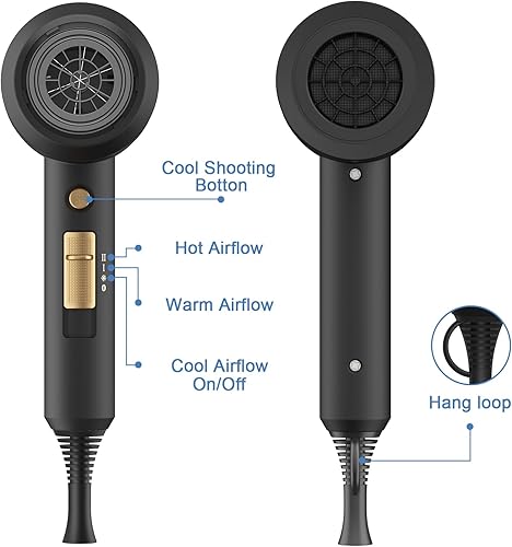 Miniatura 4 de Slopehill - Secador de pelo iónico profesional, potente secador de 1800 W de bajo ruido y secado rápido, con 2 boquillas concentradoras y 1 difusor,