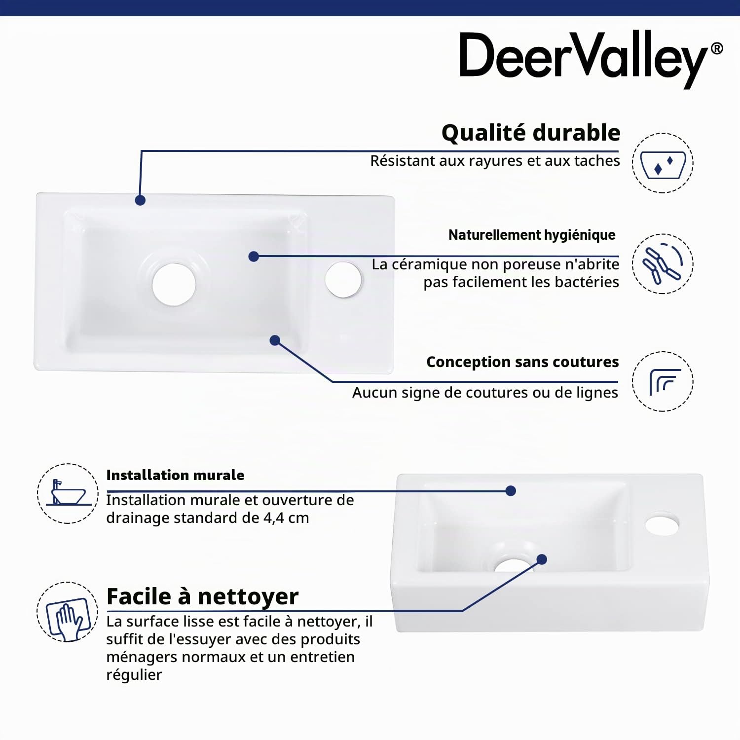 DeerValley DV-1V081R Lavabo suspendu en céramique pour salle de bain, rectangulaire blanc (A droite)