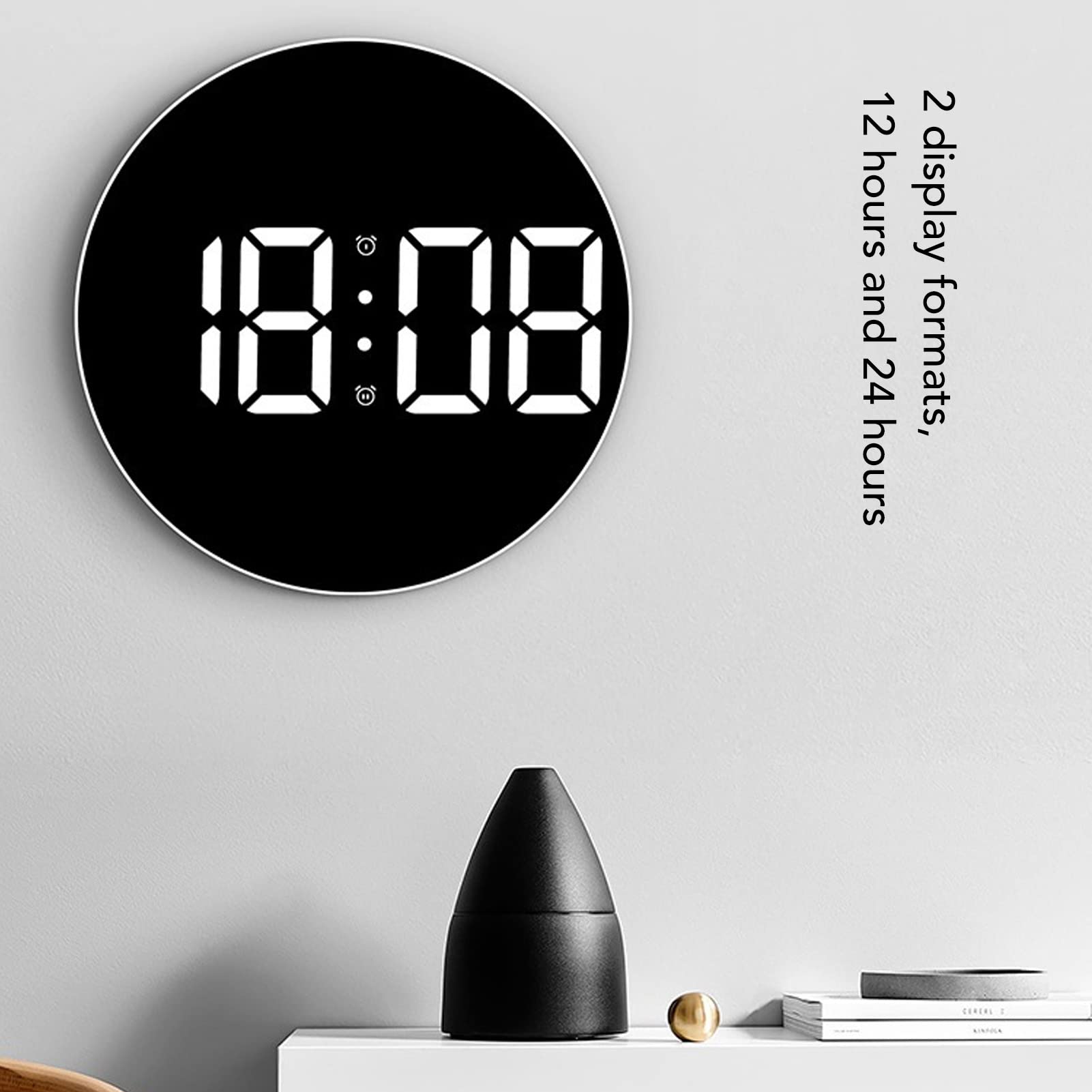 Cyfrowy Zegar LED, Nowoczesny Cyfrowy Zegar ścienny na Baterie, Reloj Digital Pared Okrągły Zegar z obsługą do Montażu na ścianie,12 24-godzinny Cichy Zegar Zasilany Przez