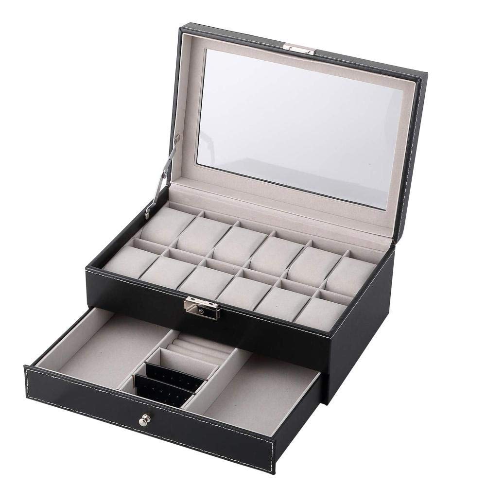Caja de reloj con tapa de cristal para 12 relojes, joyería de doble capa, caja de almacenamiento para relojes, colección de cajas para hombres y mujeres, soporte organizador de regalo