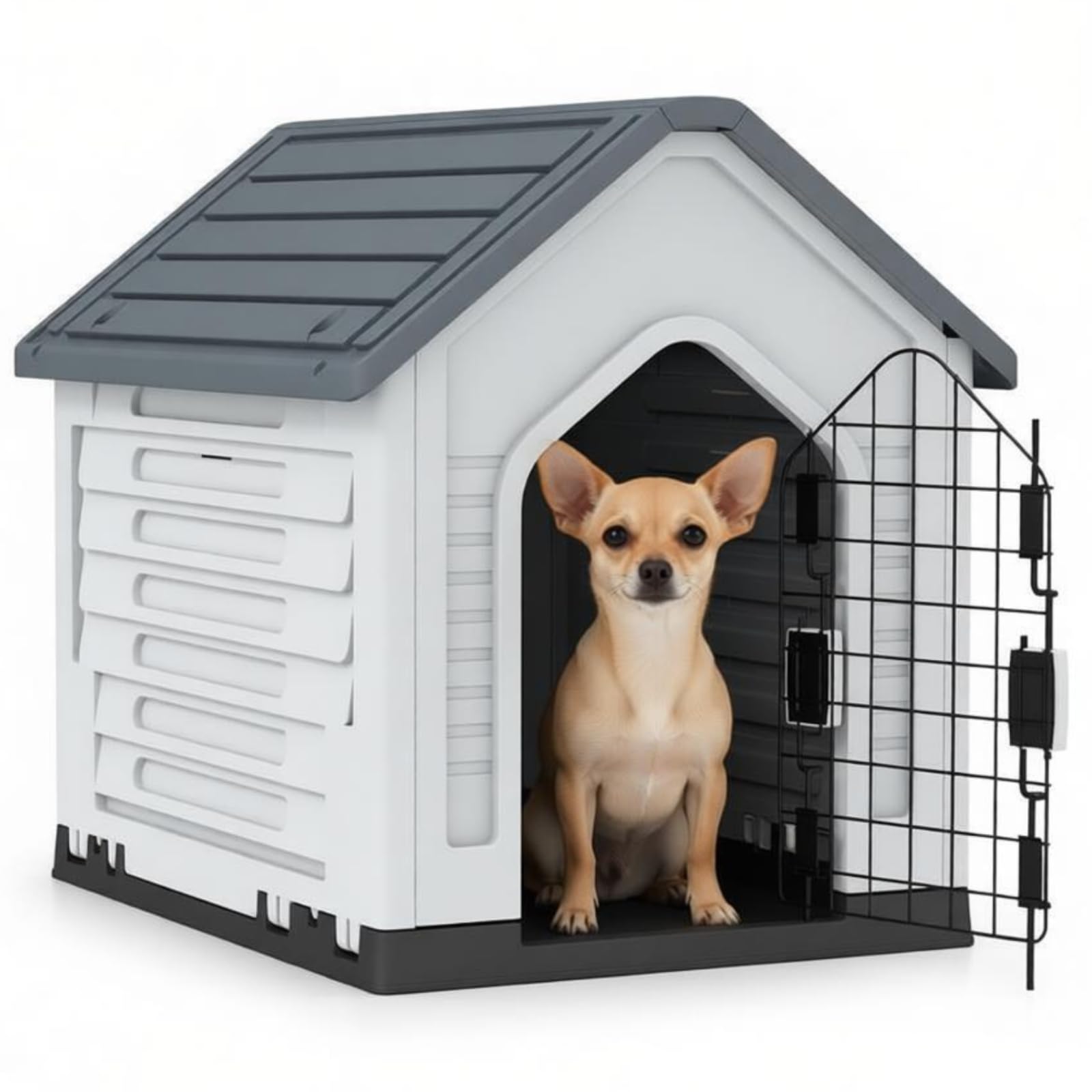 Maxmass Plastic Dog House, Weather-Resistant Pet Shelter with Metal Lockable Door, Slanted Roof, Air Vents, Indoor Outdoor Pet Kennel Dog Shelter Crate Pets House for Puppy Cat Rabbit (Grey+White)