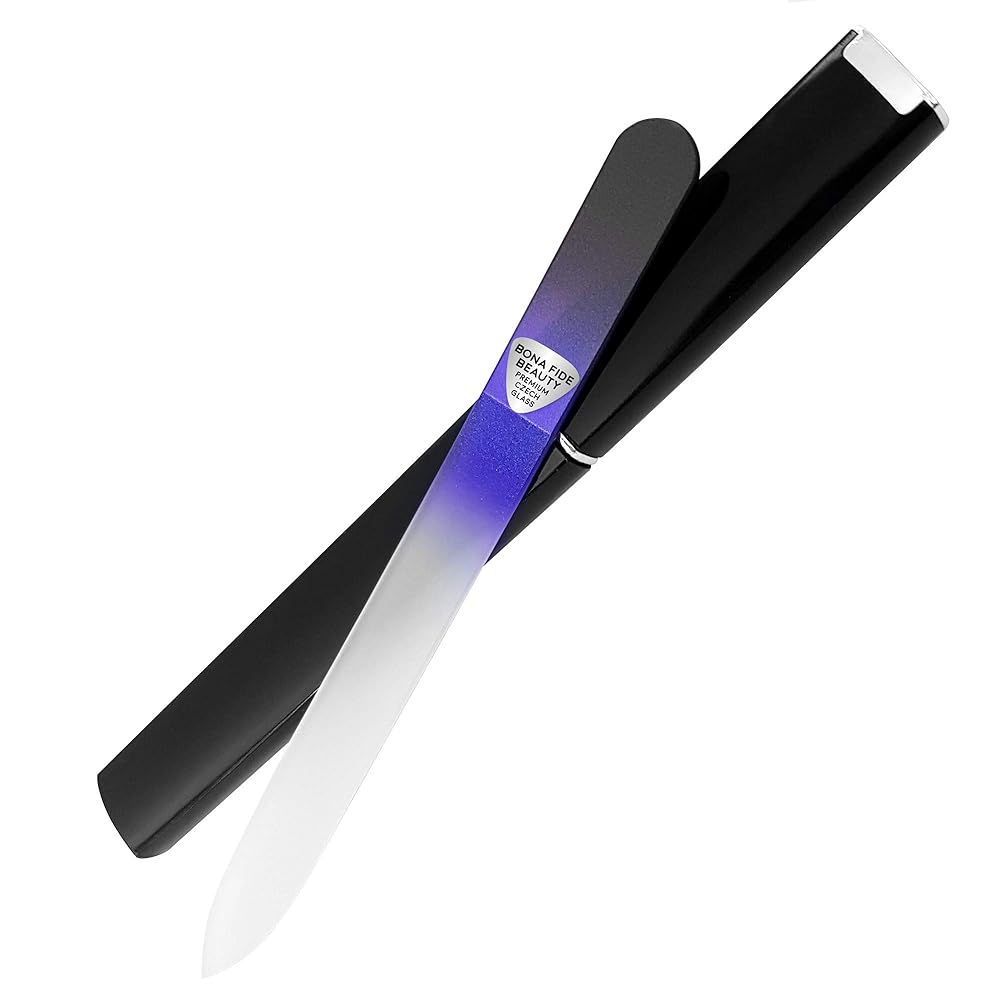 Bona Fide Beauty Glass Nail File with Hardcase, 1Piece Manicure Glass Fingernail Files in Black Cobalt. Made in The EU. Strong Reusable Nail Files