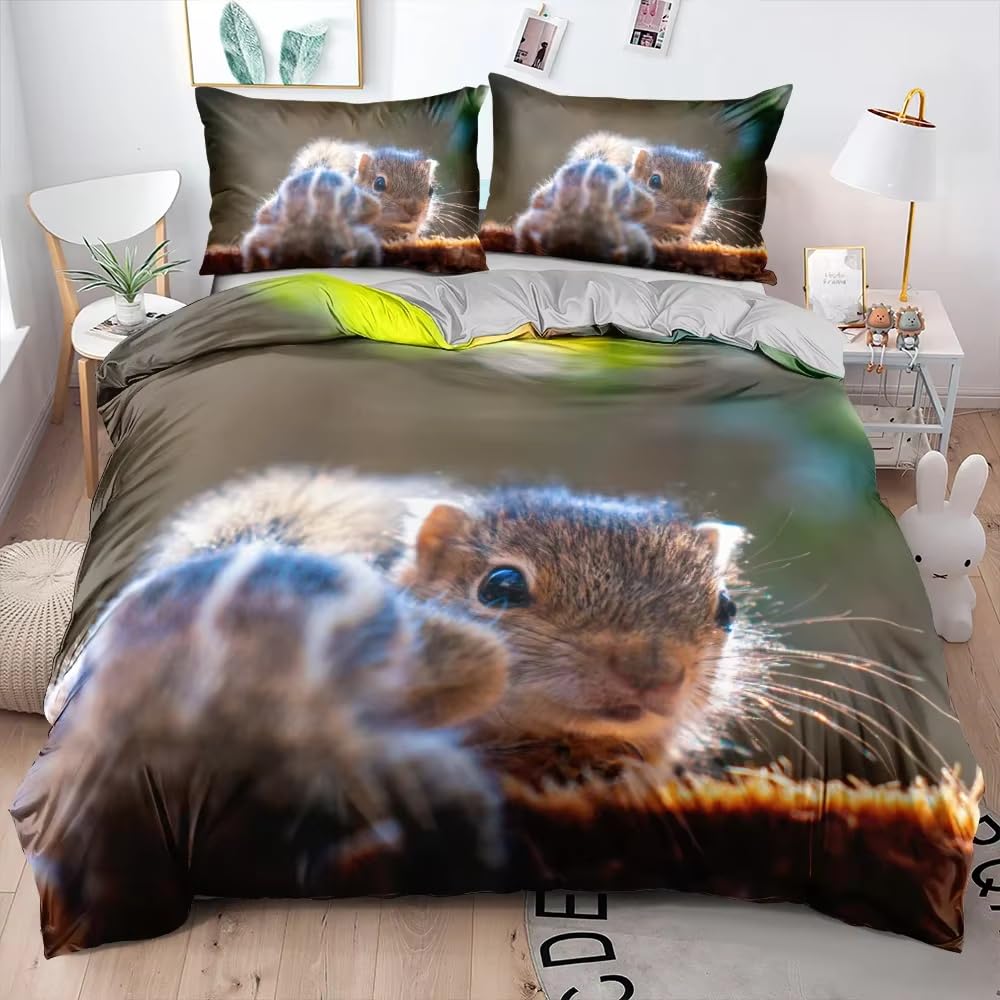 NDXRWDZR Double Duvet Cover Set Squirrel Duvet Cover with Zipper Closure Bedding for Aldults Kids Soft Hypoallergenic Microfiber Quilt Cover 200x200 cm + 2 Pillowcases 50x75 cm