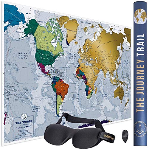 Mapa mundi para rascar más grande (84x57cm) y con más destinos - Póster de papel de gran calidad, más grueso y capa de protección - Incluye antifaz para un sueño profundo y reparador