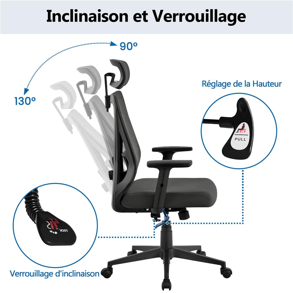 Yaheetech Chaise de Bureau Ergonomique Inclinaison Verrouillable Fauteuil de Bureau en Maille avec Support Lombaire et Appui-tête Accoudoirs Réglables roulettes Pivotantes Charge 136 kg Noir