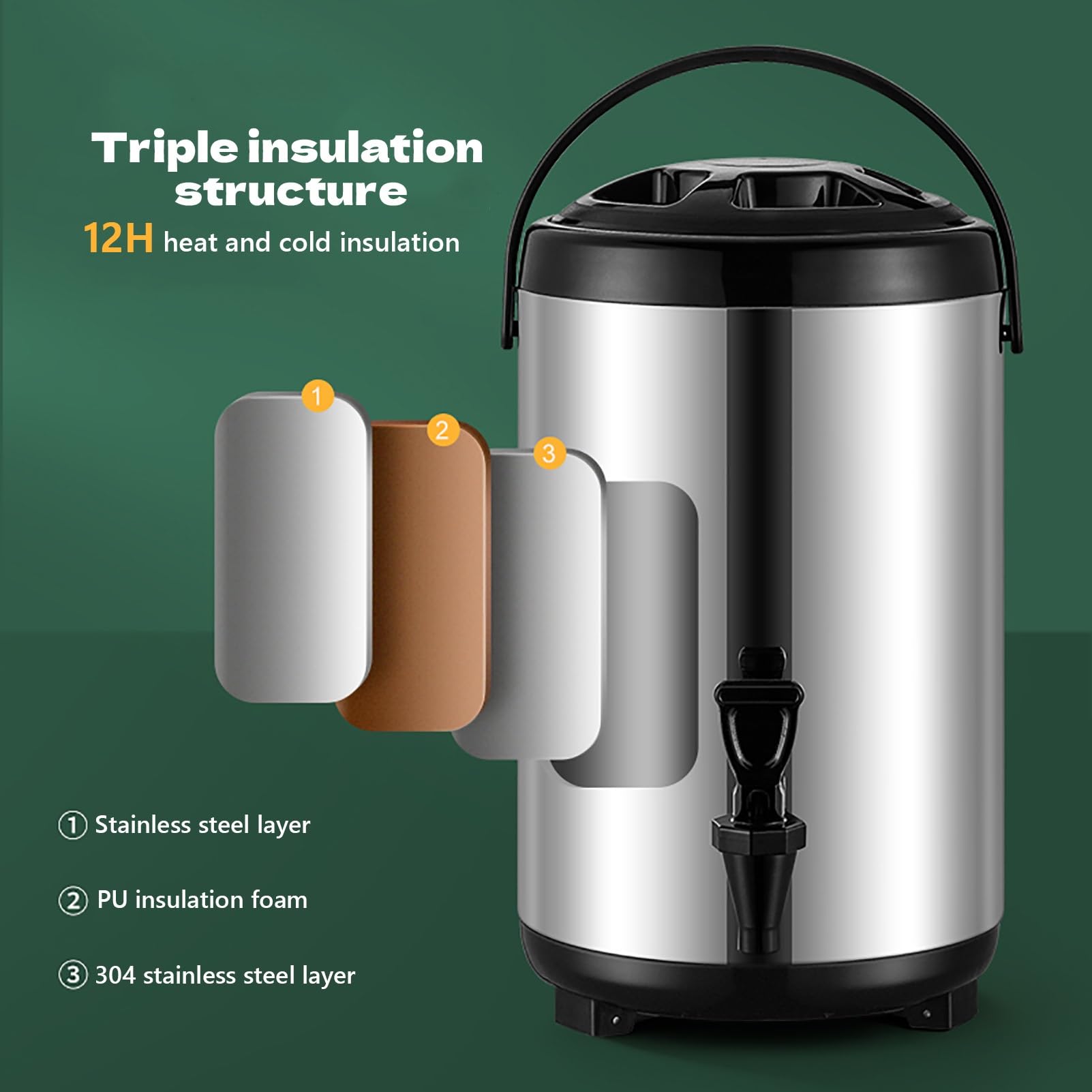 Dispensador de Bebidas Calientes Aislado, Interior de Acero Inoxidable, Jarra térmica portátil con Grifo para Camping, Fiestas y Deportes.