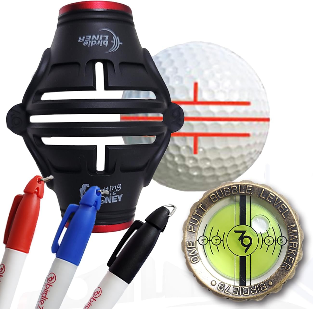 BIRDIE79、360度ゴルフボールマーカー&バブルアングルアライメントツールセットによるスロープリーディング-3色ペン付きトリプ ラインマーカー  ボールライナー ゴルフ用品 クリップ式 アートライン ゴルフボール マーキング 十字ライン 一本線 十字線 矢印 パター ...