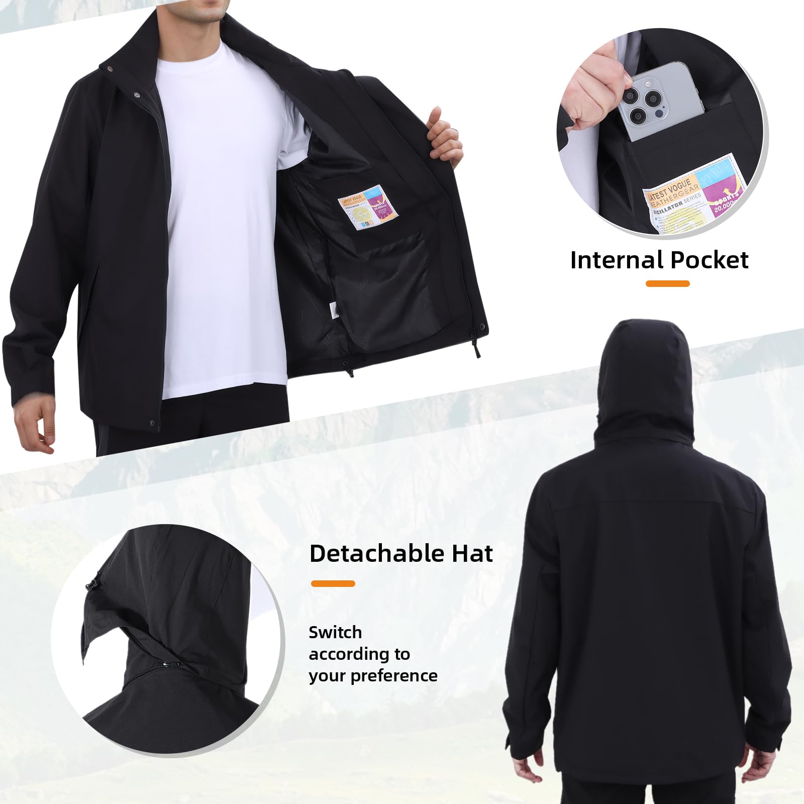 SUKUTU Ropa Outdoor Hombre impermeable Cortaviento con capucha Chaqueta Multifuncional Chaqueta montañismo Camping Punch ligera transpirable para la lluvia